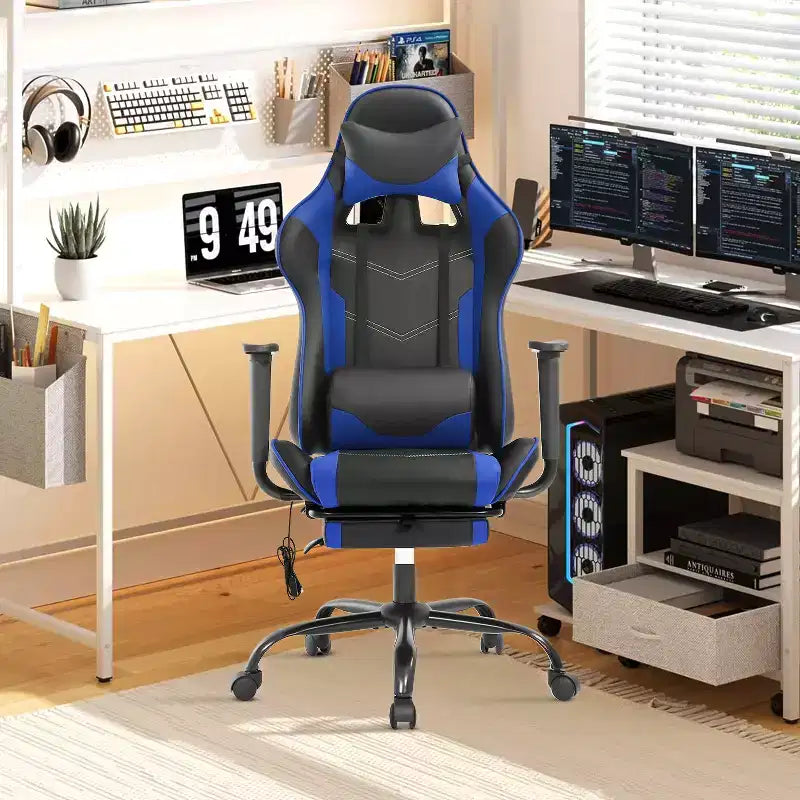 Silla de oficina para videojuegos BestMassage Racing con función de masaje, apoyo lumbar, cuero sintético, para adultos