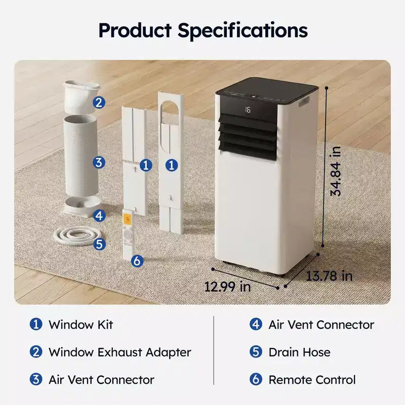 Aire Acondicionado Portátil Inteligente Simzlife 8000 BTU Enfriamiento Rápido para Habitaciones de hasta 23 m², Función 3 en 1, Control por Aplicación, Ultra Silencioso, Blanco