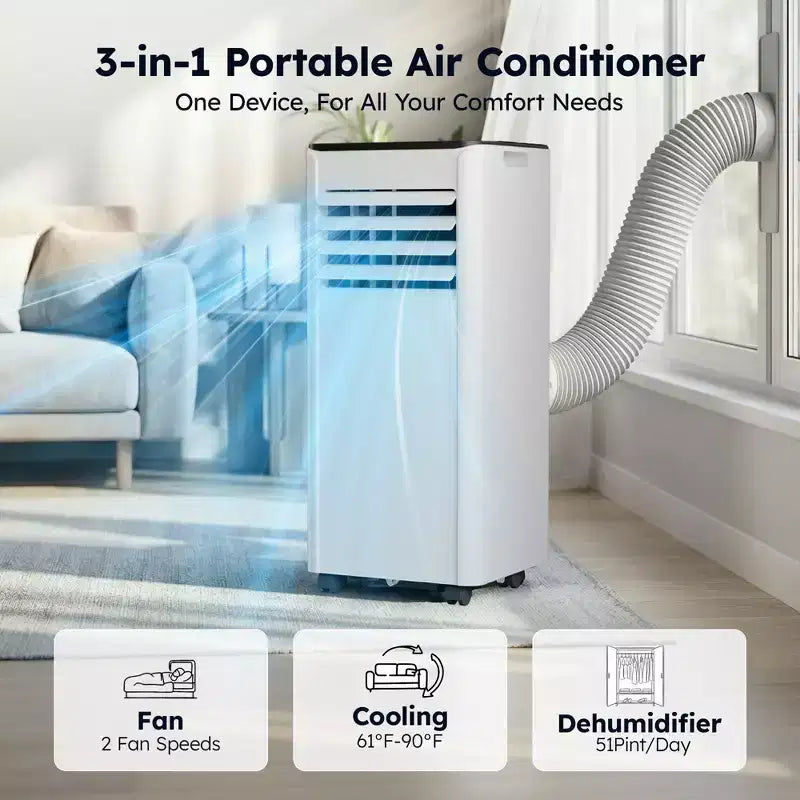 Simzlife Aire Acondicionado Portátil 10000 BTU (DOE) 3 en 1 con Refrigeración Deshumidificador Ventilador Modo de Sueño para 42 m², Kits de Ventana Ajustables, Blanco