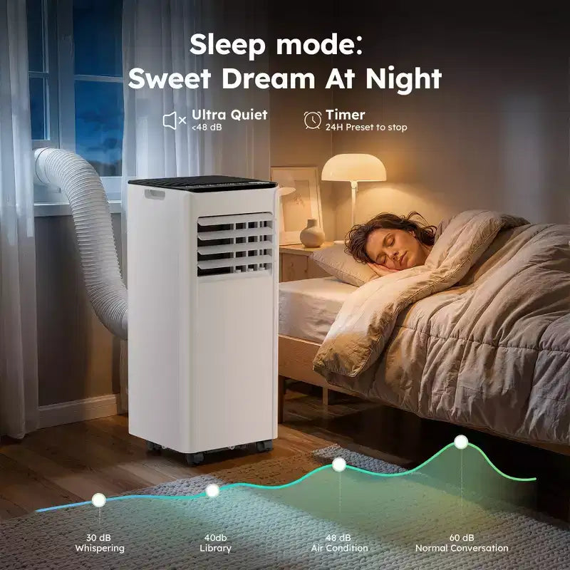 Simzlife Aire Acondicionado Portátil 10000 BTU (DOE) 3 en 1 con Refrigeración Deshumidificador Ventilador Modo de Sueño para 42 m², Kits de Ventana Ajustables, Blanco