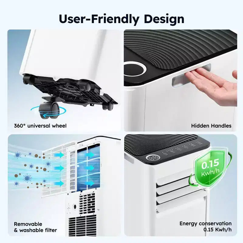 Simzlife Aire Acondicionado Portátil 10000 BTU (DOE) 3 en 1 con Refrigeración Deshumidificador Ventilador Modo de Sueño para 42 m², Kits de Ventana Ajustables, Blanco