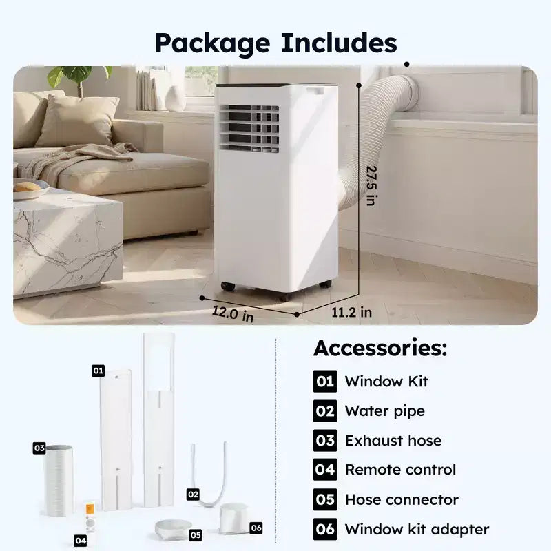 Simzlife Aire Acondicionado Portátil 10000 BTU (DOE) 3 en 1 con Refrigeración Deshumidificador Ventilador Modo de Sueño para 42 m², Kits de Ventana Ajustables, Blanco