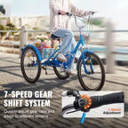 Triciclo Plegable para Adultos VEVOR, Triciclos Plegables para Adultos de 24 Pulgadas y 7 Velocidades, Bicicleta Urbana de 3 Ruedas de Acero al Carbono con Cesta y Asiento Ajustable