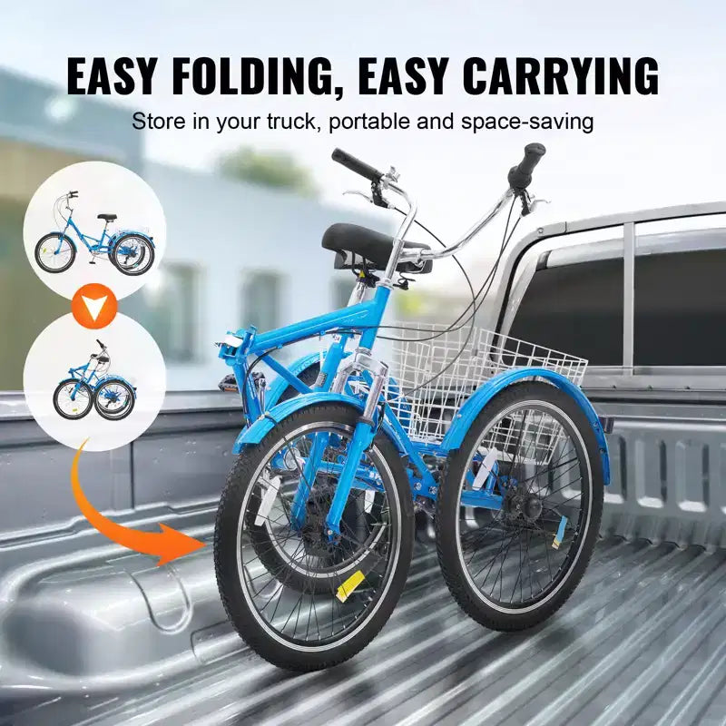 Triciclo Plegable para Adultos VEVOR, Triciclos Plegables para Adultos de 24 Pulgadas y 7 Velocidades, Bicicleta Urbana de 3 Ruedas de Acero al Carbono con Cesta y Asiento Ajustable