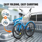 Triciclo Plegable para Adultos VEVOR, Triciclos Plegables para Adultos de 24 Pulgadas y 7 Velocidades, Bicicleta Urbana de 3 Ruedas de Acero al Carbono con Cesta y Asiento Ajustable