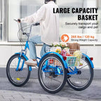 Triciclo Plegable para Adultos VEVOR, Triciclos Plegables para Adultos de 24 Pulgadas y 7 Velocidades, Bicicleta Urbana de 3 Ruedas de Acero al Carbono con Cesta y Asiento Ajustable
