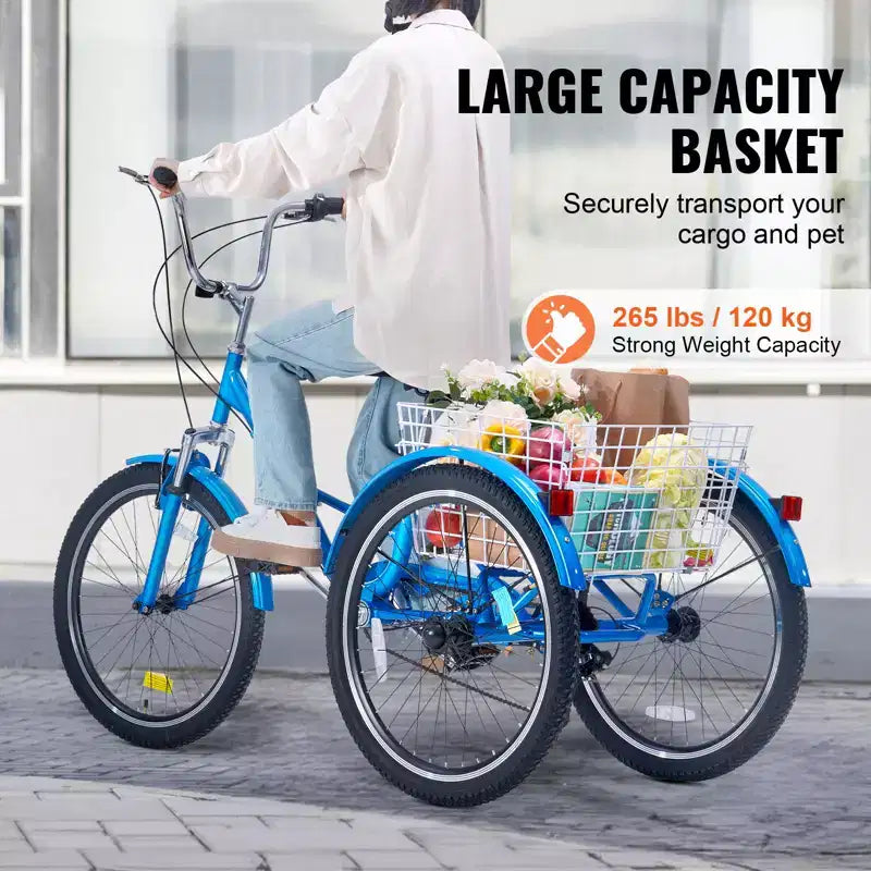 Triciclo Plegable para Adultos VEVOR, Triciclos Plegables para Adultos de 24 Pulgadas y 7 Velocidades, Bicicleta Urbana de 3 Ruedas de Acero al Carbono con Cesta y Asiento Ajustable