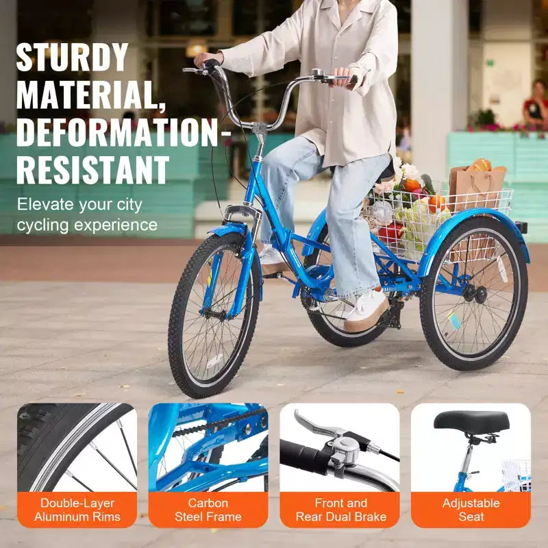 Triciclo Plegable para Adultos VEVOR, Triciclos Plegables para Adultos de 24 Pulgadas y 7 Velocidades, Bicicleta Urbana de 3 Ruedas de Acero al Carbono con Cesta y Asiento Ajustable