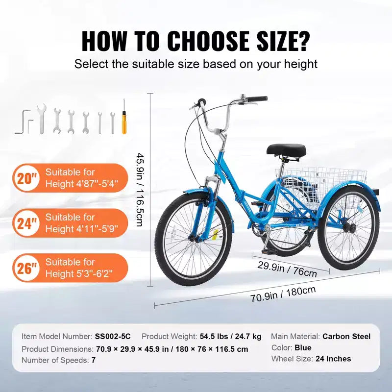 Triciclo Plegable para Adultos VEVOR, Triciclos Plegables para Adultos de 24 Pulgadas y 7 Velocidades, Bicicleta Urbana de 3 Ruedas de Acero al Carbono con Cesta y Asiento Ajustable