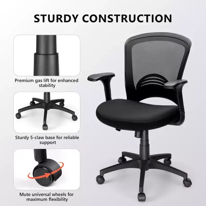 Silla de oficina ergonómica de malla, 150 kg de capacidad, silla de escritorio para ordenador con soporte lumbar integrado, asiento de espuma de alta densidad, base de cinco estrellas