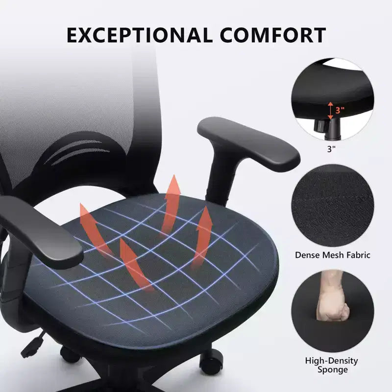 Silla de oficina ergonómica de malla, 150 kg de capacidad, silla de escritorio para ordenador con soporte lumbar integrado, asiento de espuma de alta densidad, base de cinco estrellas