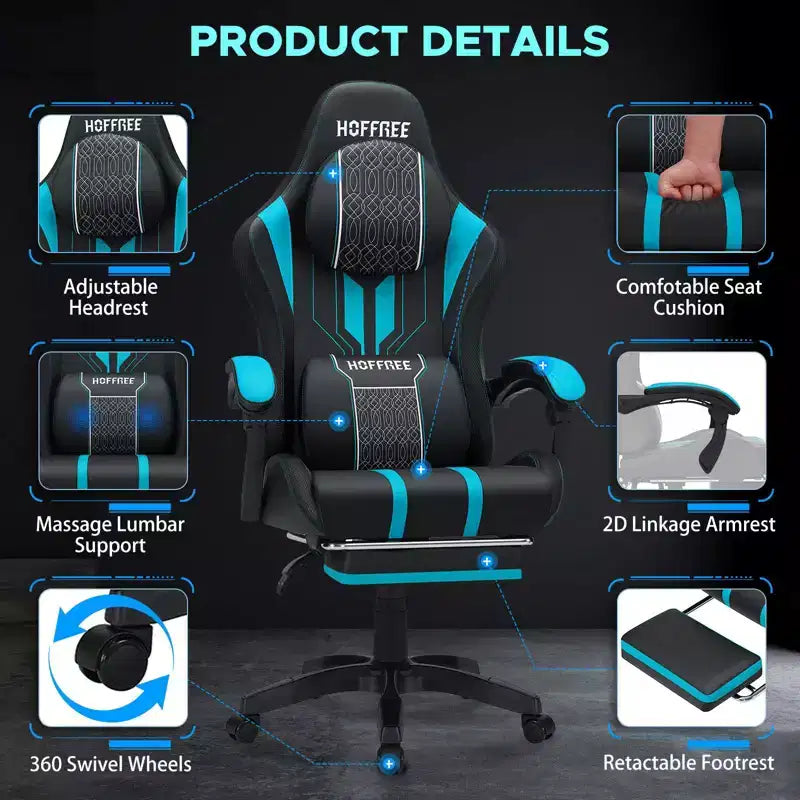 Sillón ergonómico de oficina y gaming Hoffree extragrande con masaje, reposapiés y ajustable para PC