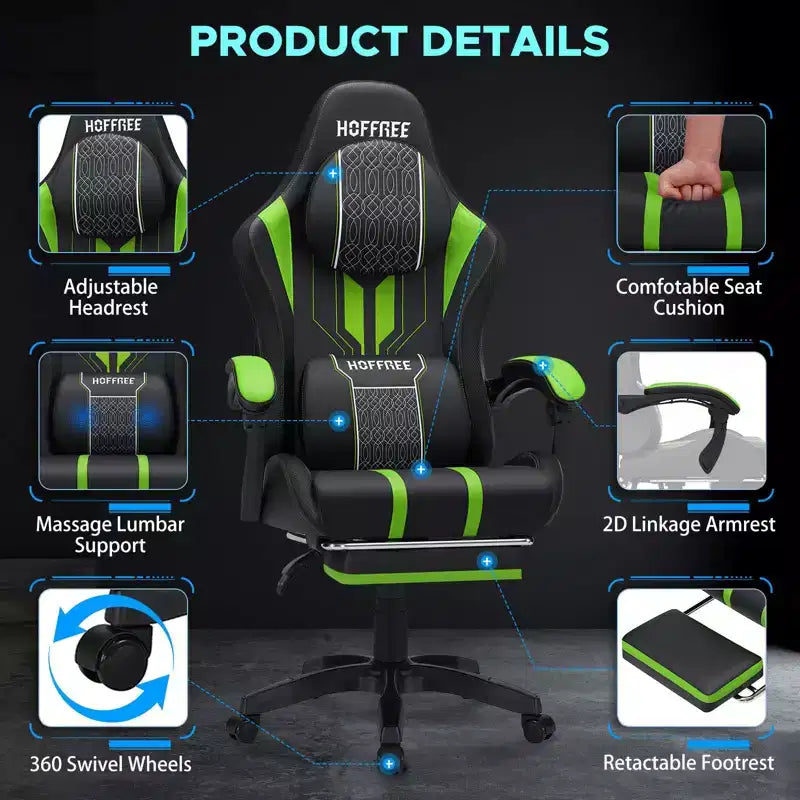 Sillón ergonómico de oficina y gaming Hoffree extragrande con masaje, reposapiés y ajustable para PC