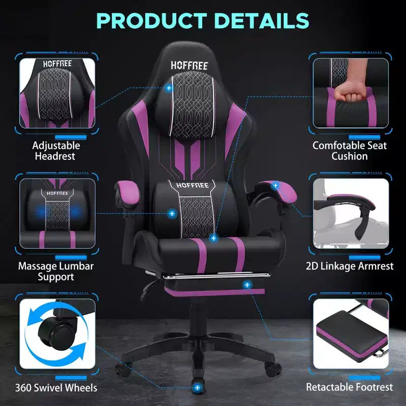 Sillón ergonómico de oficina y gaming Hoffree extragrande con masaje, reposapiés y ajustable para PC