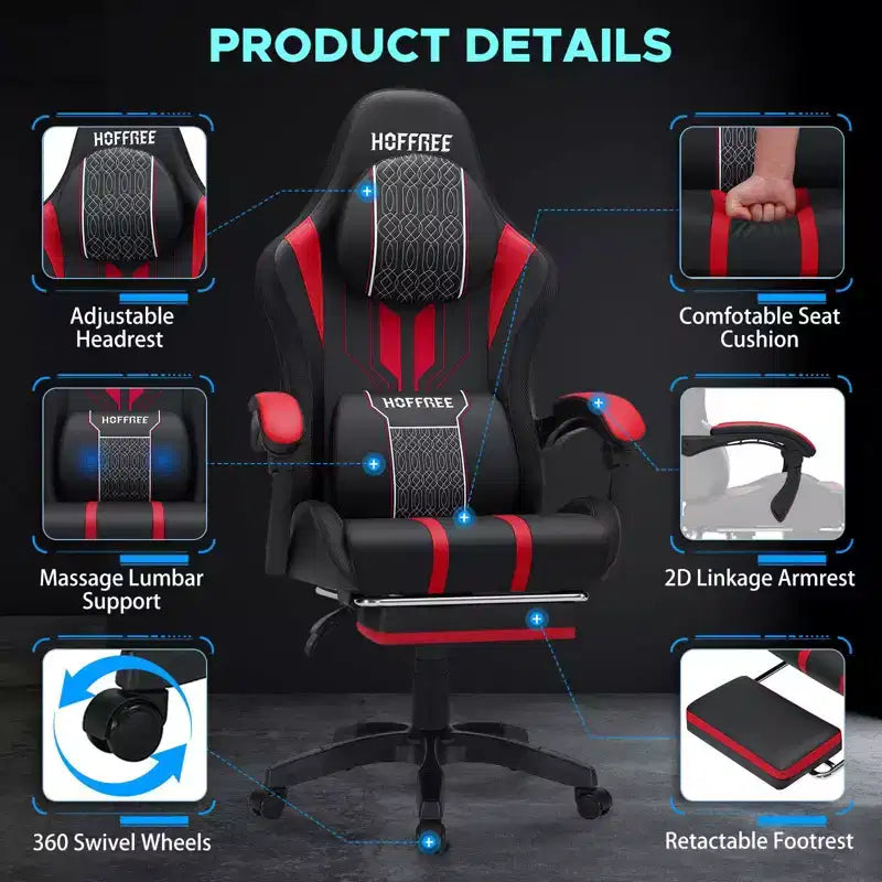 Sillón ergonómico de oficina y gaming Hoffree extragrande con masaje, reposapiés y ajustable para PC