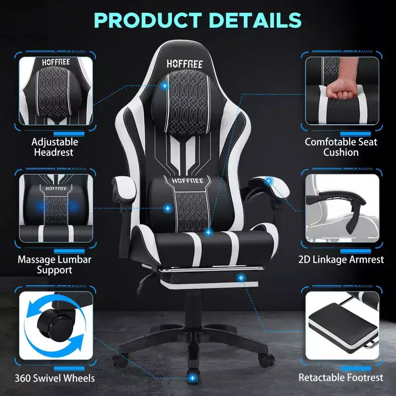 Sillón ergonómico de oficina y gaming Hoffree extragrande con masaje, reposapiés y ajustable para PC