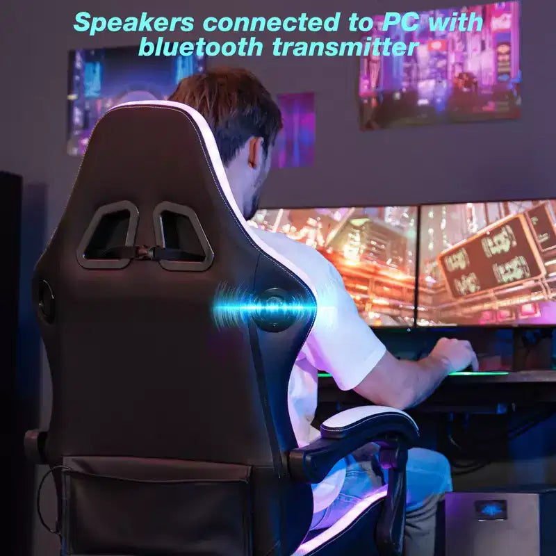 Sillón de masaje Hoffree extra grande para videojuegos, silla ergonómica de oficina para PC con altavoz Bluetooth y luz RGB