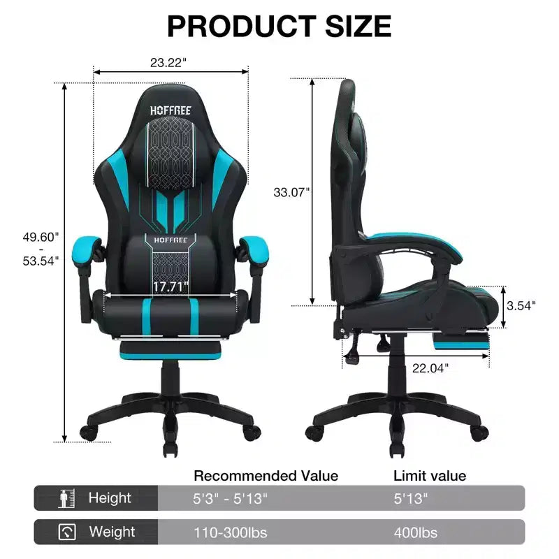 Sillón de masaje Hoffree extra grande para videojuegos, silla ergonómica de oficina para PC con altavoz Bluetooth y luz RGB