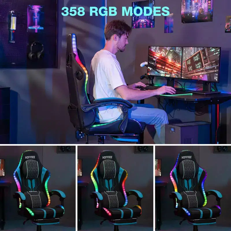 Sillón de masaje Hoffree extra grande para videojuegos, silla ergonómica de oficina para PC con altavoz Bluetooth y luz RGB