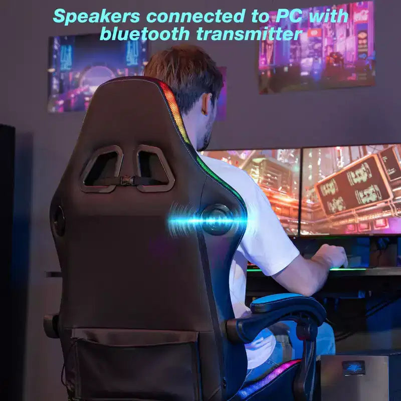 Sillón de masaje Hoffree extra grande para videojuegos, silla ergonómica de oficina para PC con altavoz Bluetooth y luz RGB