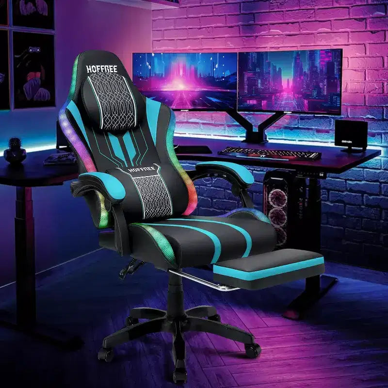 Sillón de masaje Hoffree extra grande para videojuegos, silla ergonómica de oficina para PC con altavoz Bluetooth y luz RGB