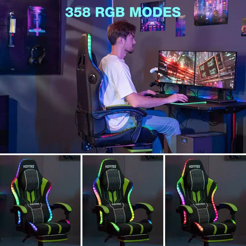 Sillón de masaje Hoffree extra grande para videojuegos, silla ergonómica de oficina para PC con altavoz Bluetooth y luz RGB