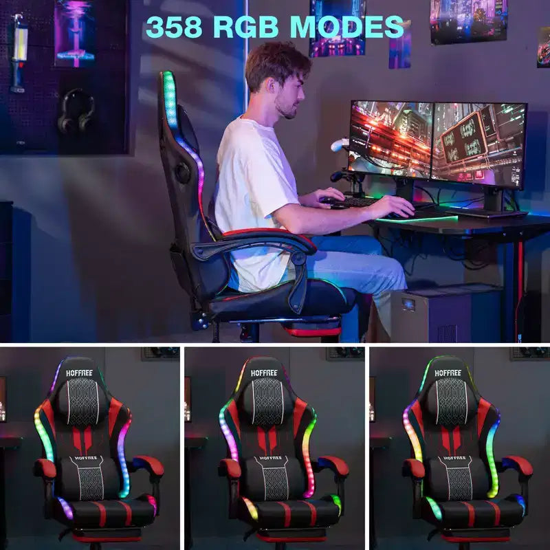 Sillón de masaje Hoffree extra grande para videojuegos, silla ergonómica de oficina para PC con altavoz Bluetooth y luz RGB