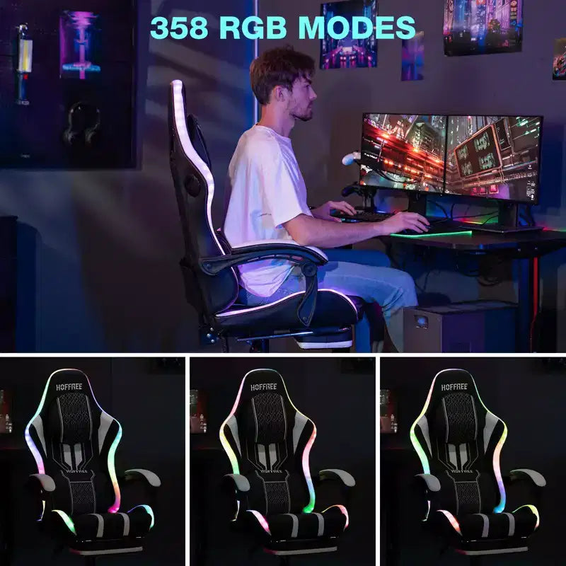 Sillón de masaje Hoffree extra grande para videojuegos, silla ergonómica de oficina para PC con altavoz Bluetooth y luz RGB
