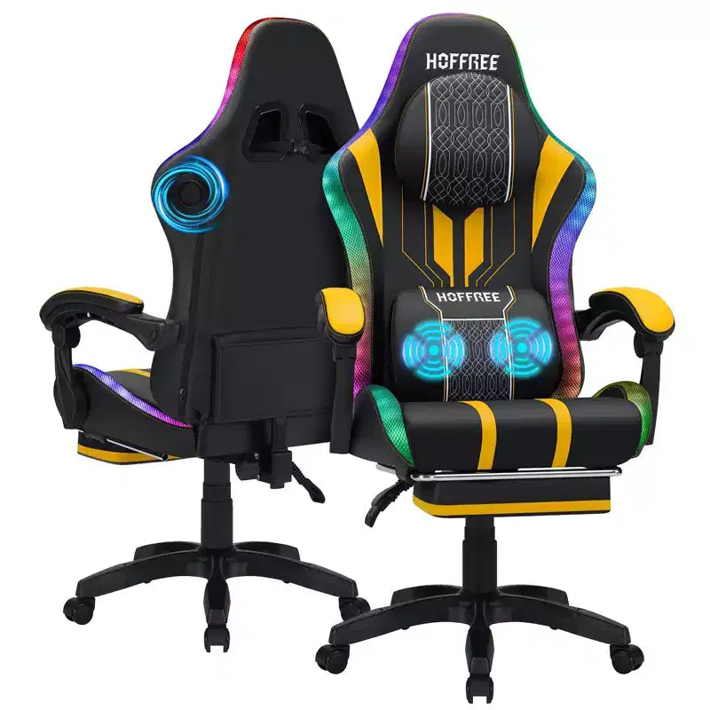 Sillón de masaje Hoffree extra grande para videojuegos, silla ergonómica de oficina para PC con altavoz Bluetooth y luz RGB