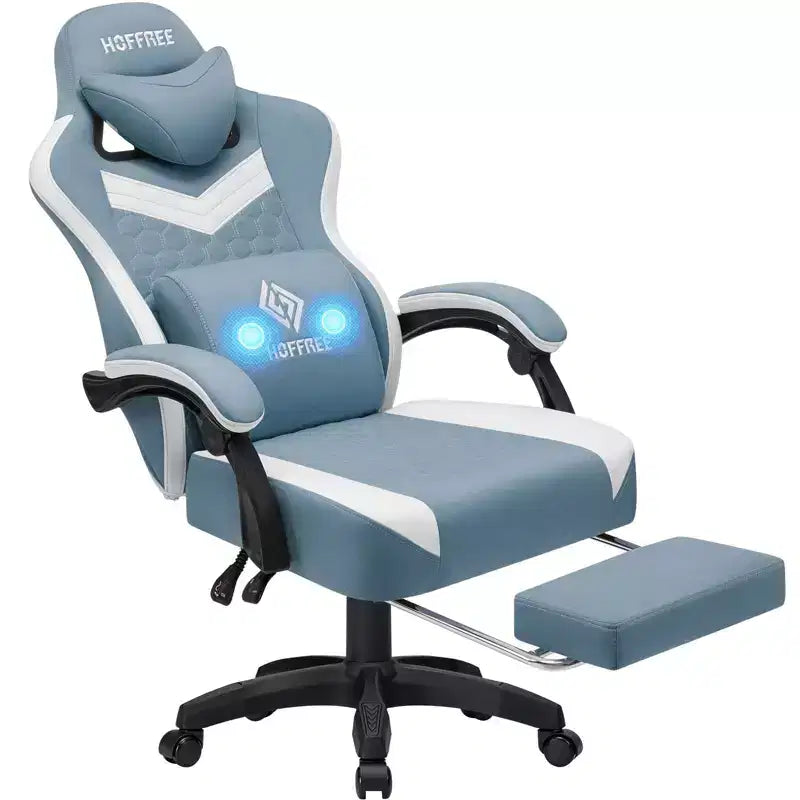 Sillón de juego de masaje Hoffree de tela transpirable, silla ergonómica de oficina para PC con reposapiés y ajustable