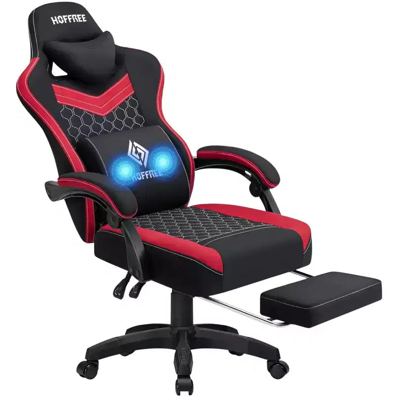 Sillón de juego de masaje Hoffree de tela transpirable, silla ergonómica de oficina para PC con reposapiés y ajustable