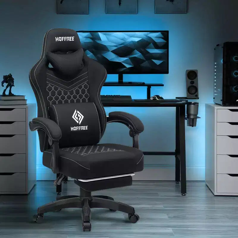 Silla Gaming de Masaje Ergonómica de Oficina para PC Hoffree con Tejido Transpirable, Altavoz Bluetooth y Reposapiés