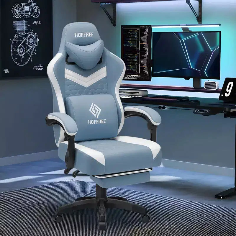 Silla Gaming de Masaje Ergonómica de Oficina para PC Hoffree con Tejido Transpirable, Altavoz Bluetooth y Reposapiés