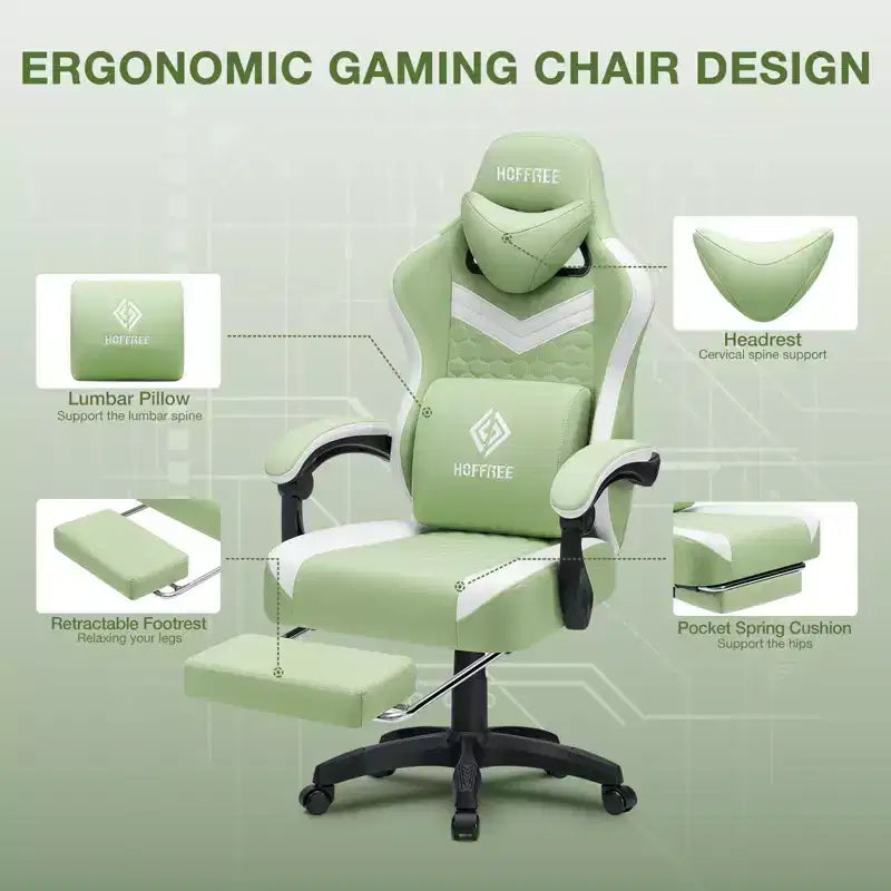 Silla Gaming de Masaje Ergonómica de Oficina para PC Hoffree con Tejido Transpirable, Altavoz Bluetooth y Reposapiés