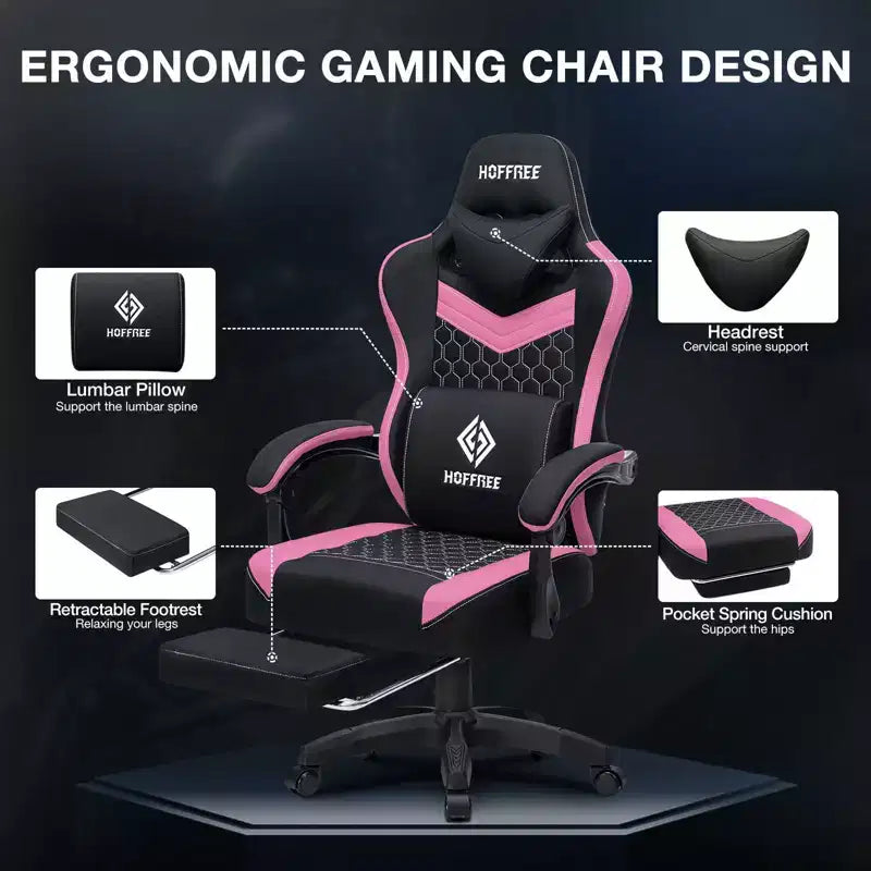 Silla Gaming de Masaje Ergonómica de Oficina para PC Hoffree con Tejido Transpirable, Altavoz Bluetooth y Reposapiés