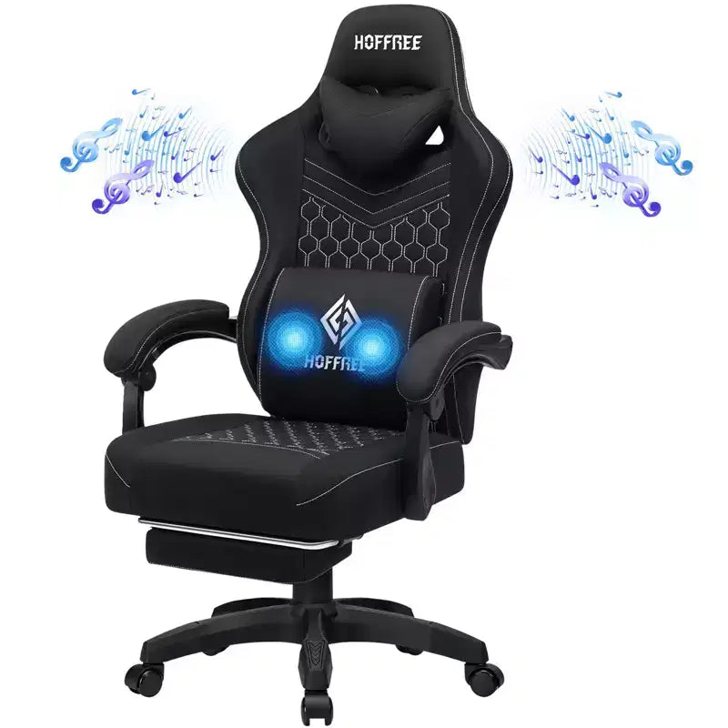 Silla Gaming de Masaje Ergonómica de Oficina para PC Hoffree con Tejido Transpirable, Altavoz Bluetooth y Reposapiés