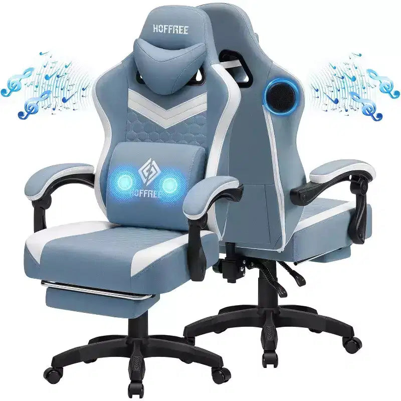 Silla Gaming de Masaje Ergonómica de Oficina para PC Hoffree con Tejido Transpirable, Altavoz Bluetooth y Reposapiés