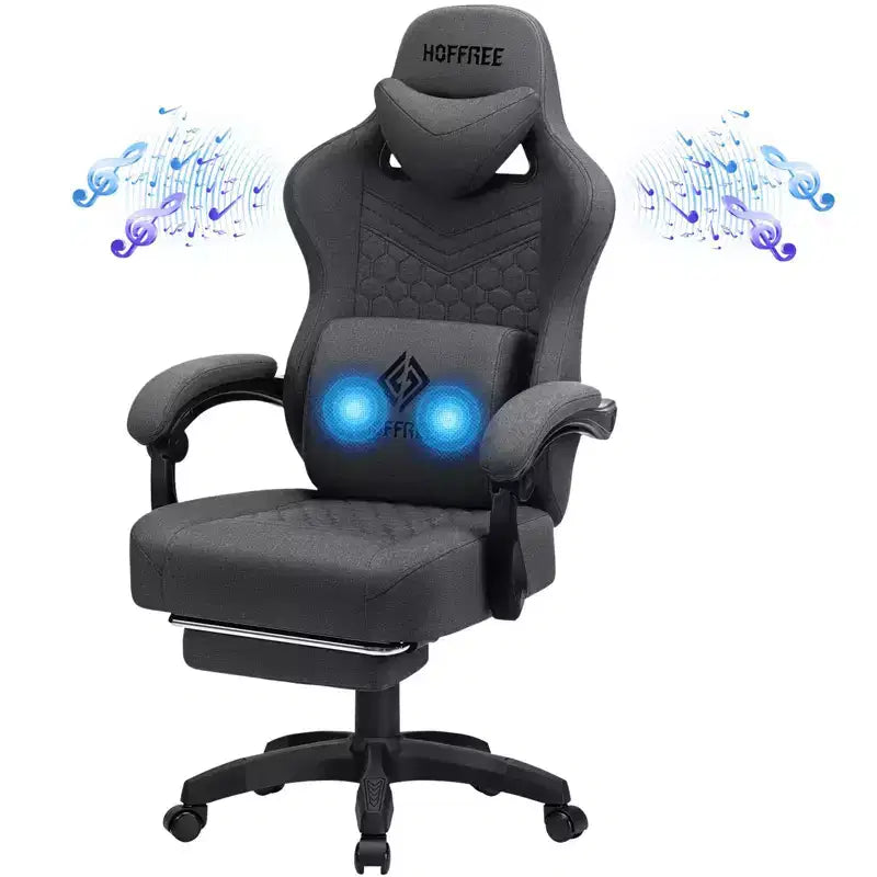 Silla Gaming de Masaje Ergonómica de Oficina para PC Hoffree con Tejido Transpirable, Altavoz Bluetooth y Reposapiés
