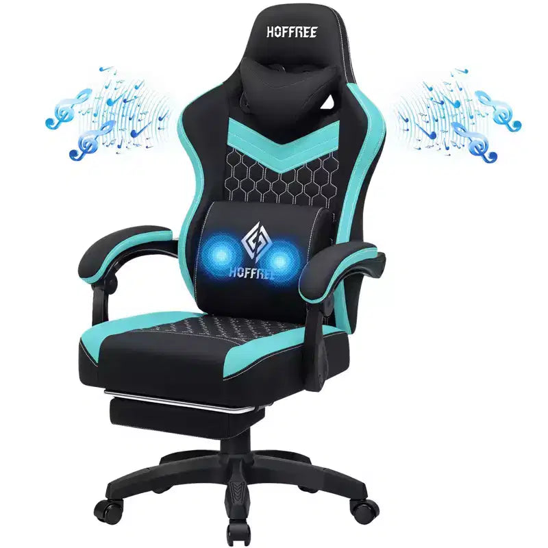 Silla Gaming de Masaje Ergonómica de Oficina para PC Hoffree con Tejido Transpirable, Altavoz Bluetooth y Reposapiés