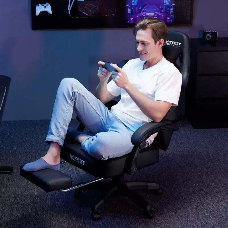 Sillón de masaje Hoffree de piel para juegos, silla ergonómica de oficina para PC con altavoz Bluetooth y reposapiés