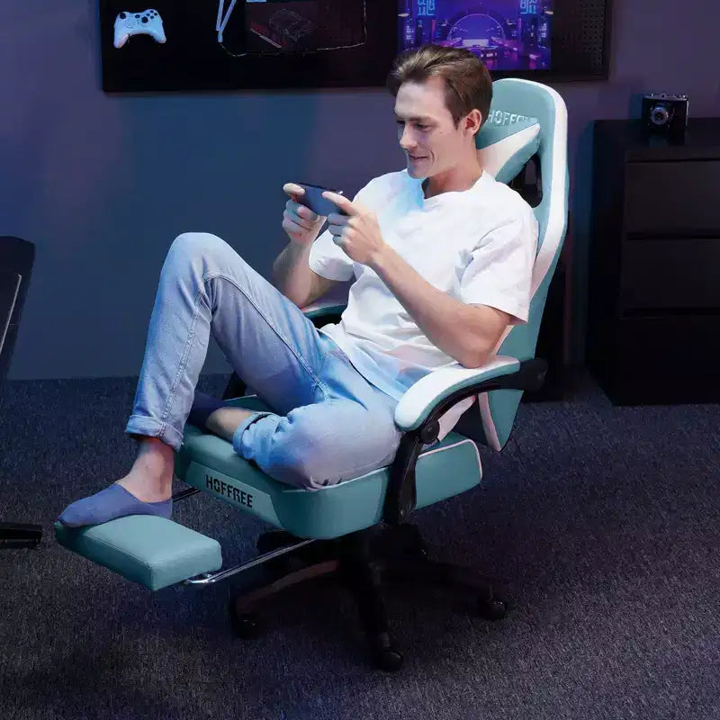 Sillón de masaje Hoffree de piel para juegos, silla ergonómica de oficina para PC con altavoz Bluetooth y reposapiés