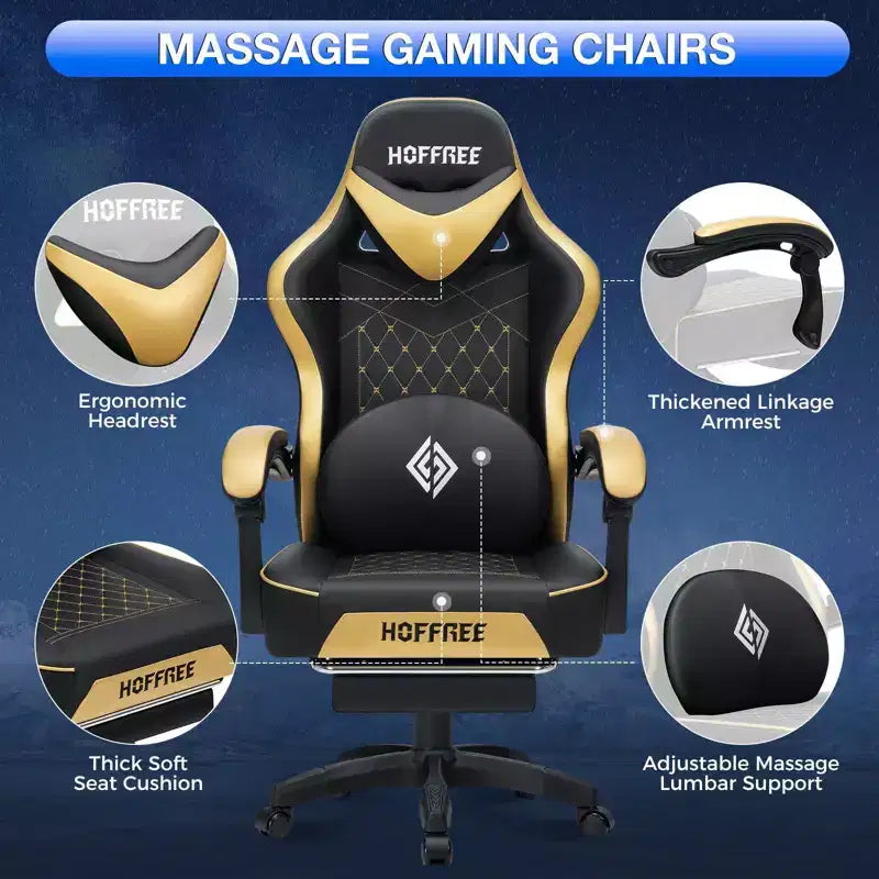 Sillón de masaje Hoffree de piel para juegos, silla ergonómica de oficina para PC con altavoz Bluetooth y reposapiés