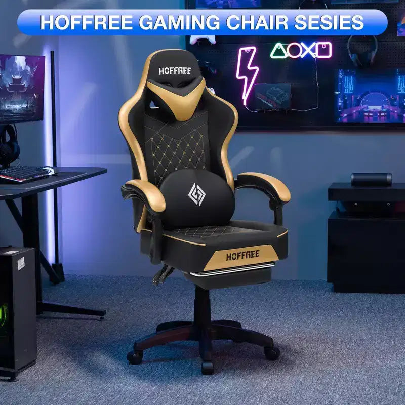 Sillón de masaje Hoffree de piel para juegos, silla ergonómica de oficina para PC con altavoz Bluetooth y reposapiés