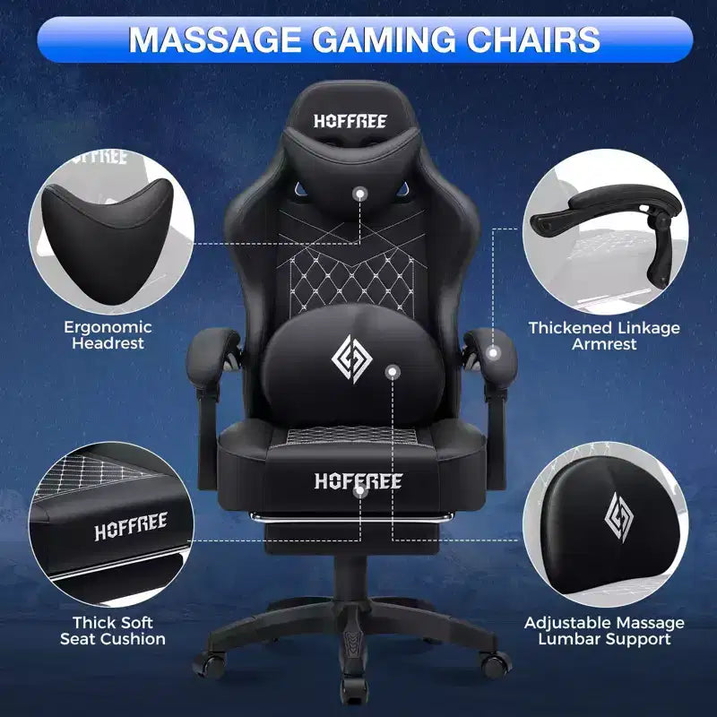 Sillón de masaje Hoffree de piel para juegos, silla ergonómica de oficina para PC con altavoz Bluetooth y reposapiés