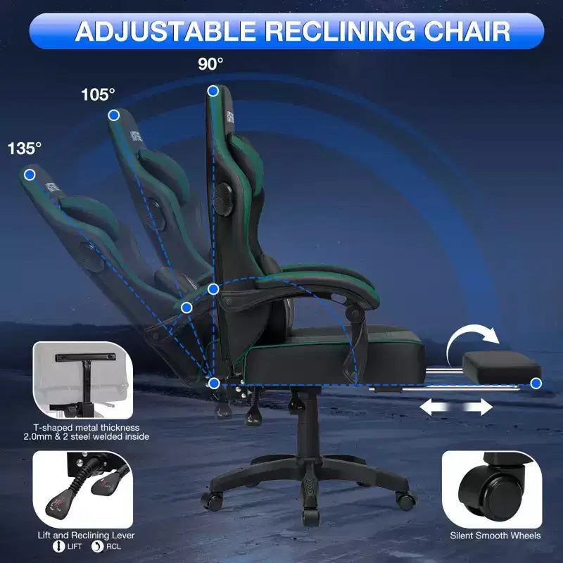 Sillón de masaje Hoffree de piel para juegos, silla ergonómica de oficina para PC con altavoz Bluetooth y reposapiés
