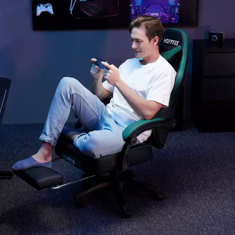 Sillón de masaje Hoffree de piel para juegos, silla ergonómica de oficina para PC con altavoz Bluetooth y reposapiés