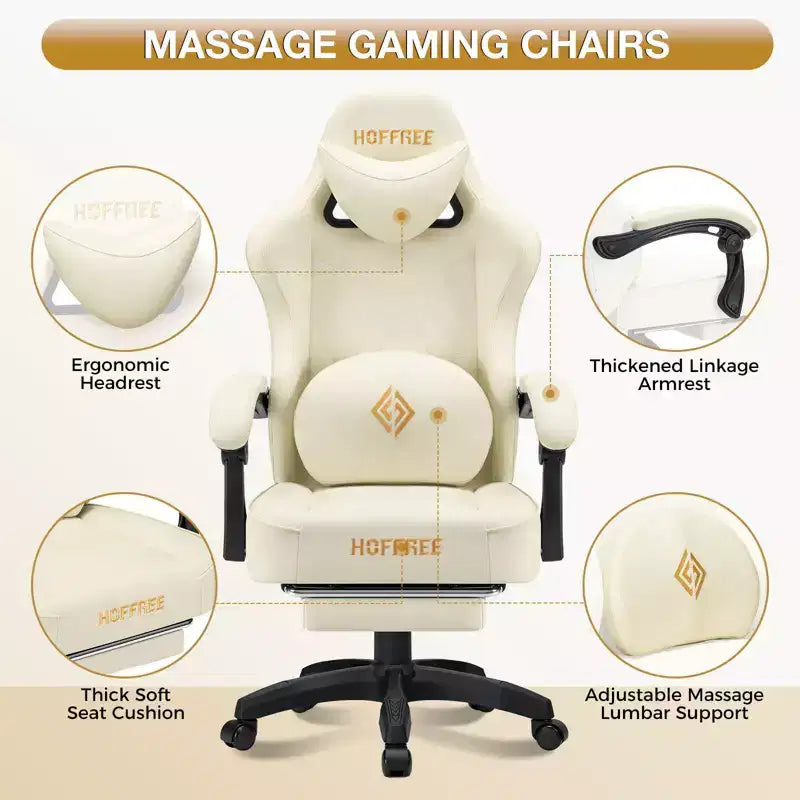 Sillón de masaje Hoffree de piel para juegos, silla ergonómica de oficina para PC con altavoz Bluetooth y reposapiés