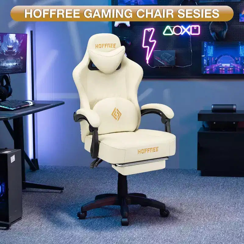 Sillón de masaje Hoffree de piel para juegos, silla ergonómica de oficina para PC con altavoz Bluetooth y reposapiés