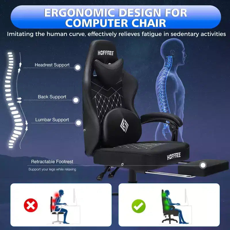 Sillón de masaje Hoffree de piel para juegos, silla ergonómica de oficina para PC con altavoz Bluetooth y reposapiés