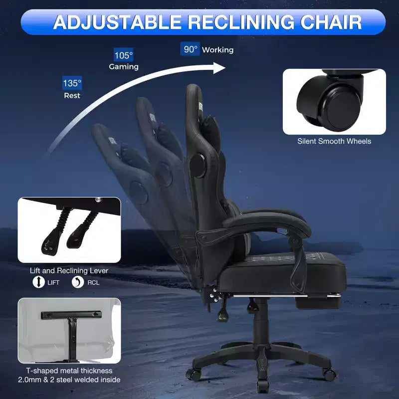 Sillón de masaje Hoffree de piel para juegos, silla ergonómica de oficina para PC con altavoz Bluetooth y reposapiés